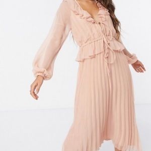 ASOS DESIGN soft pleated midi dress with drawstring waist sheer pink beige 4